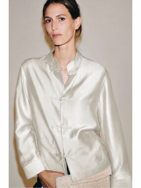 NWT Zara Satin Effect Fireman Clasp Mandarin-Collar Blouse size Medium